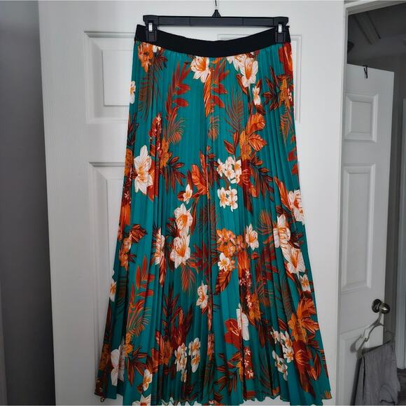 Shein Curve Floral Pleated Skirt Size 0XL Teal and Orange - Picture 1 of 5